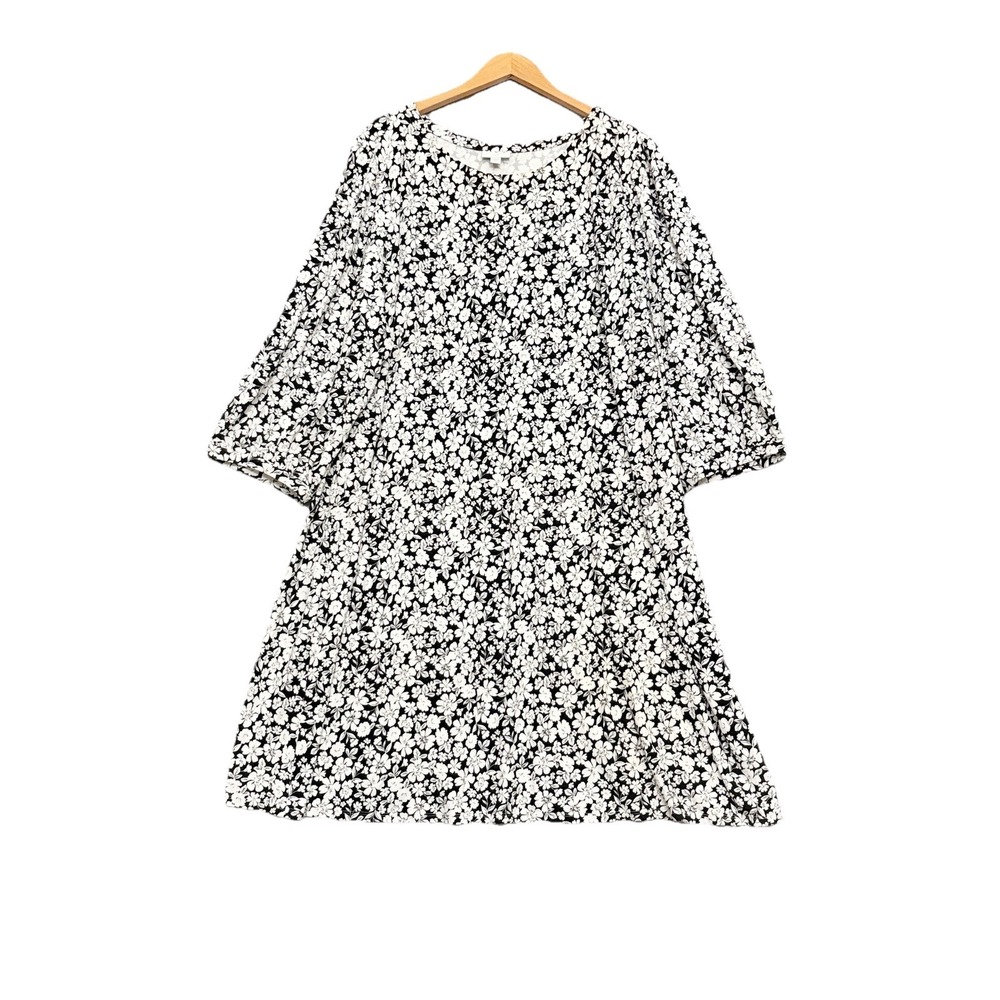 J. Jill Shift Dress Size 4X Black White Floral Knit Balloon Sleeve Scoop Travel - Picture 2 of 8